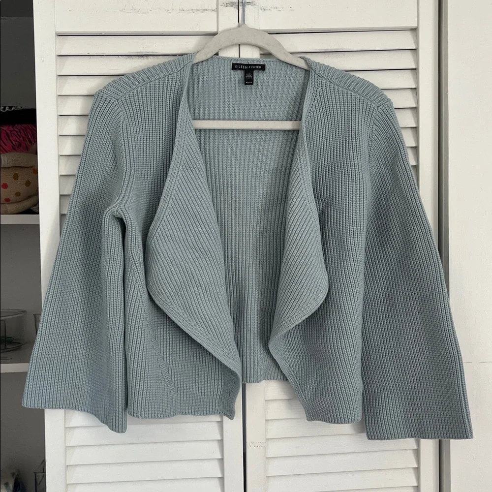 Eileen Fisher Oversized Cropped Cotton Blend Sweater Sz XS Blue Open Front
